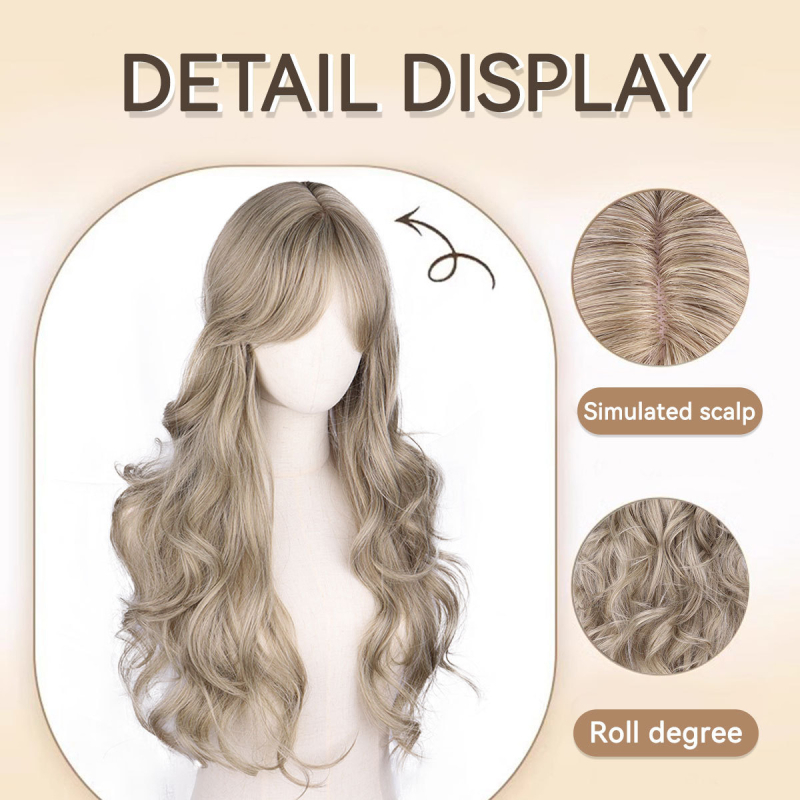 Perucă cosplay JL013 — păr lung, bucle, breton oblic, multicolor, fibră sintetică rezistentă la temperaturi înalte