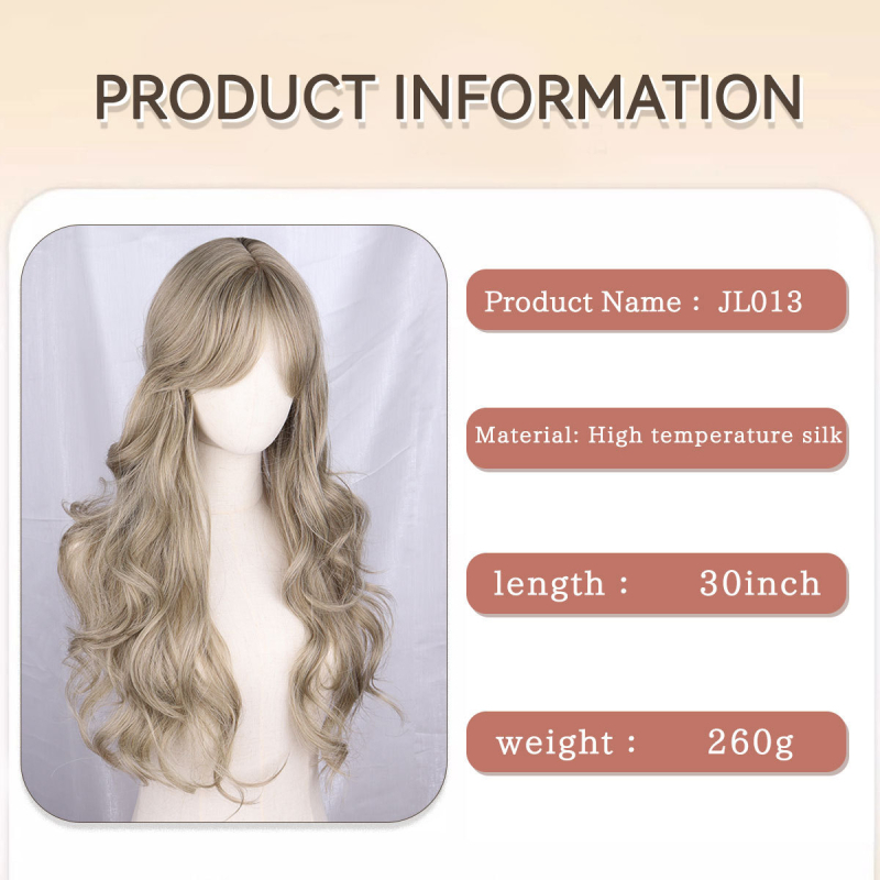 Perucă cosplay JL013 — păr lung, bucle, breton oblic, multicolor, fibră sintetică rezistentă la temperaturi înalte