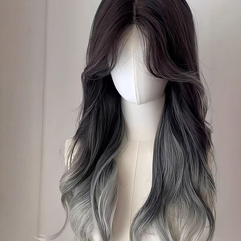 Perucă pentru femei: păr lung buclat, nuanțe ombre gri, aspect natural, parte mijlocie, model MG-CJ-100, material mătase rezistentă la temperaturi înalte, mecanism de prelucrare, poate fi vopsită sau permutată