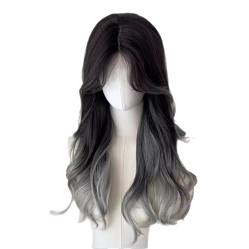 Perucă pentru femei: păr lung buclat, nuanțe ombre gri, aspect natural, parte mijlocie, model MG-CJ-100, material mătase rezistentă la temperaturi înalte, mecanism de prelucrare, poate fi vopsită sau permutată