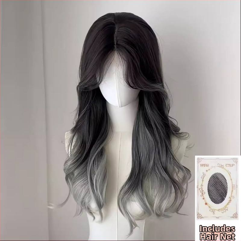 Perucă pentru femei: păr lung buclat, nuanțe ombre gri, aspect natural, parte mijlocie, model MG-CJ-100, material mătase rezistentă la temperaturi înalte, mecanism de prelucrare, poate fi vopsită sau permutată
