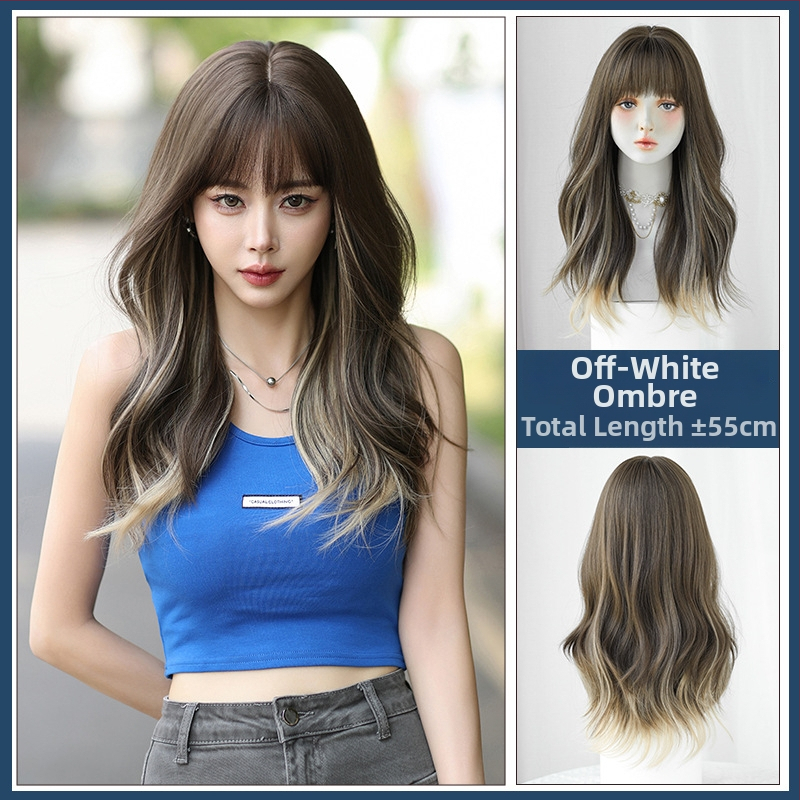 Perucă lungă, bucle mari, capac de așezat peste cap, fibre sintetice rezistente la căldură, mecanism de fabricație, breton înclinat, model C-0364