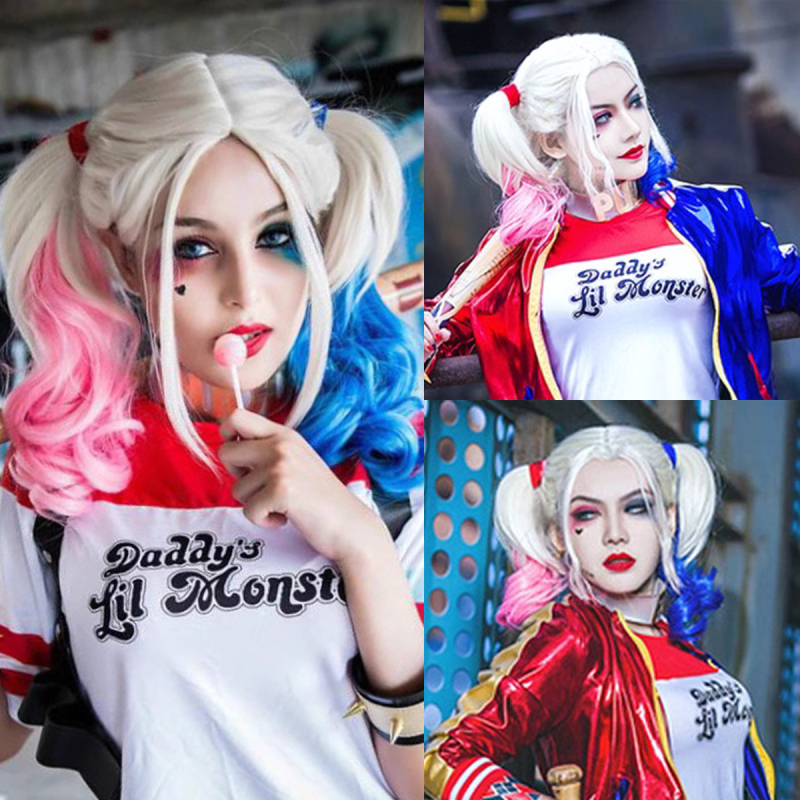 Perucă de cosplay inspirată de Harley Quinn, păr lung și buclat, acoperire completă a capului, model S-1159, fibre sintetice rezistente la temperatură