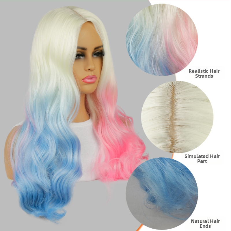 Perucă de cosplay inspirată de Harley Quinn, păr lung și buclat, acoperire completă a capului, model S-1159, fibre sintetice rezistente la temperatură