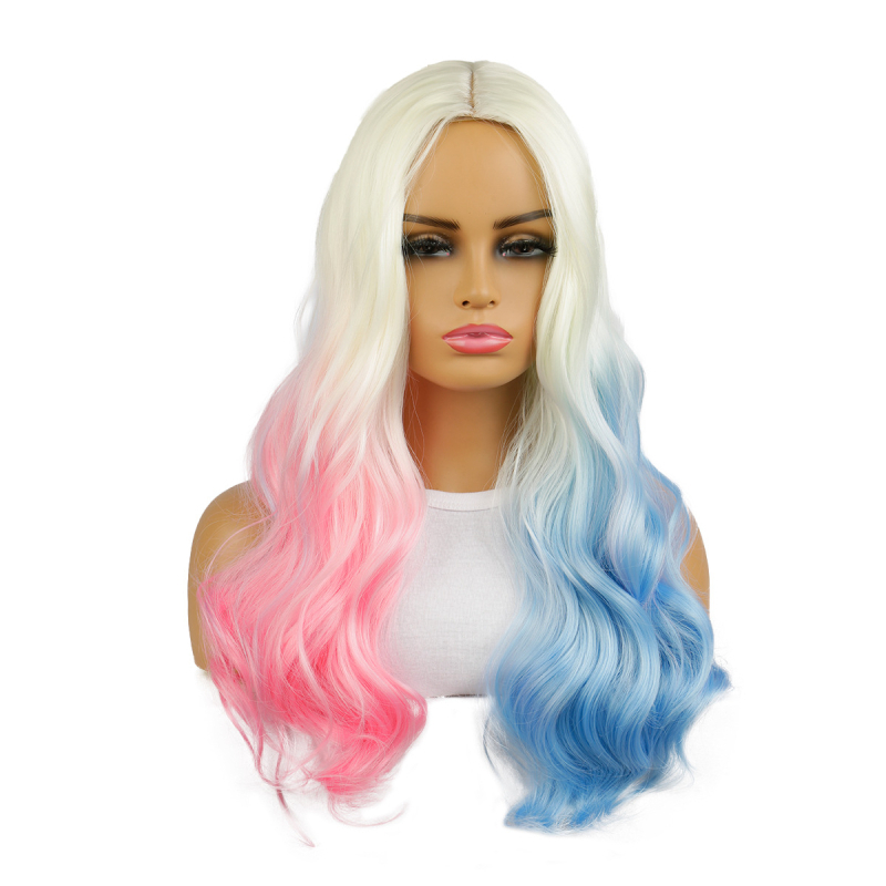 Perucă de cosplay inspirată de Harley Quinn, păr lung și buclat, acoperire completă a capului, model S-1159, fibre sintetice rezistente la temperatură