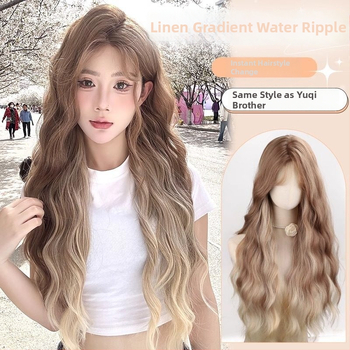 Perucă lungă bucle pentru femei, bucle în stil valuri de apă, breton în formă de opt, realizată mecanic, nu poate fi vopsită sau tratată chimic