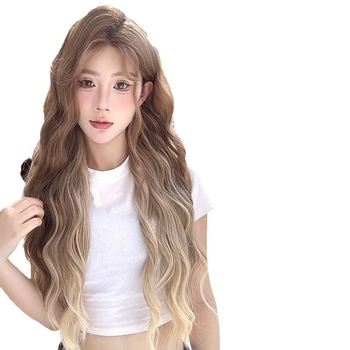 Perucă lungă bucle pentru femei, bucle în stil valuri de apă, breton în formă de opt, realizată mecanic, nu poate fi vopsită sau tratată chimic