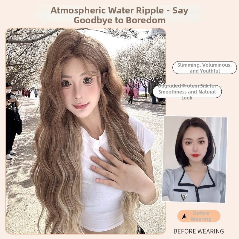 Perucă lungă bucle pentru femei, bucle în stil valuri de apă, breton în formă de opt, realizată mecanic, nu poate fi vopsită sau tratată chimic