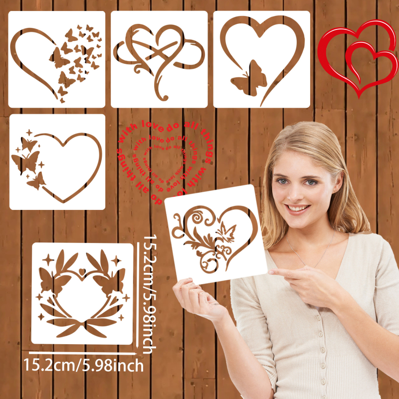 6 șabloane de pictură în formă de inimă – decoruri, PET material; neimportat; IP neautorizat.