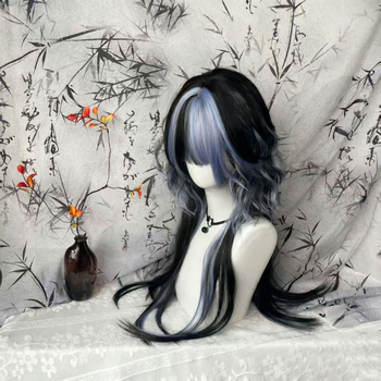 Perucă lungă, bucle, stil coreean, mătase rezistentă la temperaturi înalte, construcție mecanizată, nu poate fi vopsită sau tratată cu perm