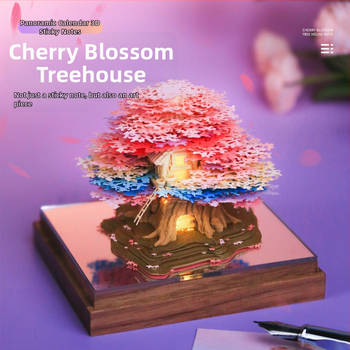 Calendar 3D panoramic din hârtie cu ornament de copac cu cireș și căsuță, ambalat într-o cutie cadou, formă: bloc de hârtie