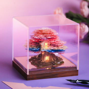 Calendar 3D panoramic din hârtie cu ornament de copac cu cireș și căsuță, ambalat într-o cutie cadou, formă: bloc de hârtie
