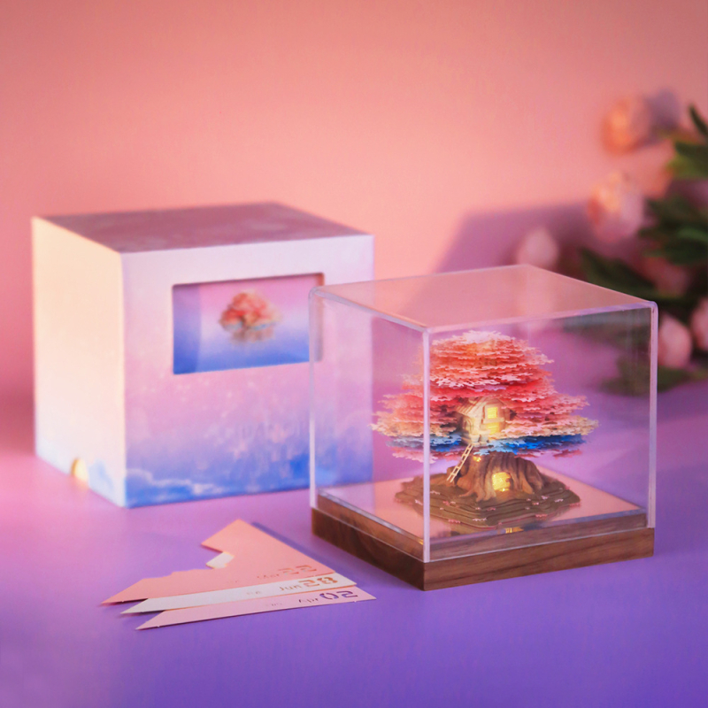 Calendar 3D panoramic din hârtie cu ornament de copac cu cireș și căsuță, ambalat într-o cutie cadou, formă: bloc de hârtie