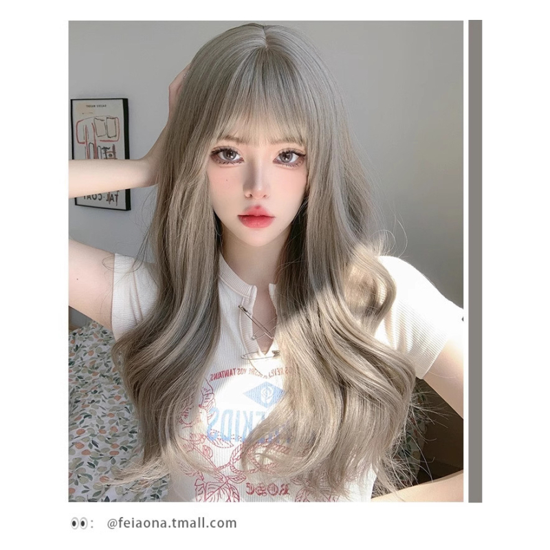 Perucă cu bucle lungi, stil coreean, fir rezistent la temperaturi înalte, poate fi vopsită, schimbabilă coafură, breton: drept sau înclinat