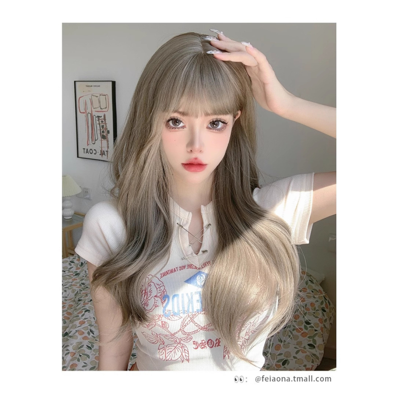 Perucă cu bucle lungi, stil coreean, fir rezistent la temperaturi înalte, poate fi vopsită, schimbabilă coafură, breton: drept sau înclinat