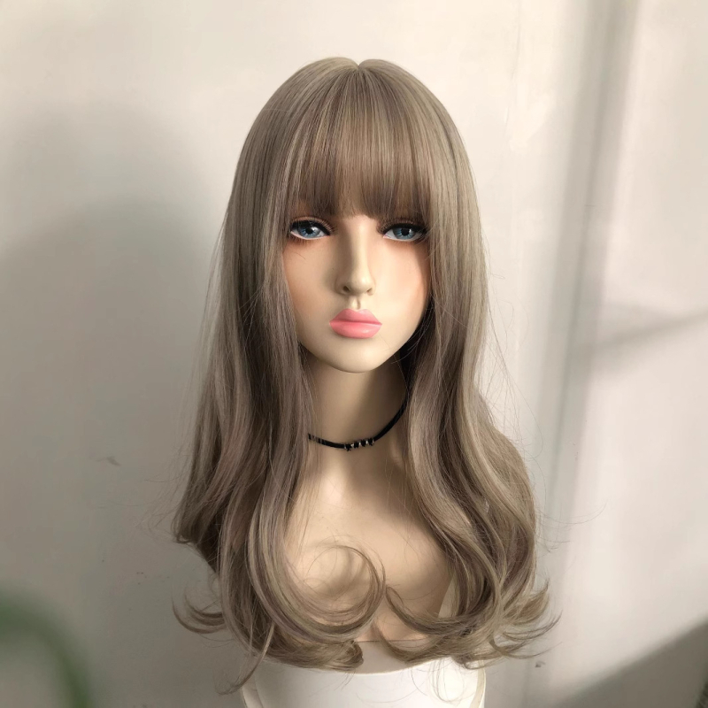 Perucă cu bucle lungi, stil coreean, fir rezistent la temperaturi înalte, poate fi vopsită, schimbabilă coafură, breton: drept sau înclinat