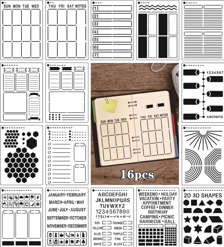 Kit șabloane Bullet Journal, 16 piese, șabloane DIY perforate, plastic ecologic, produs autohton, fără autorizare IP
