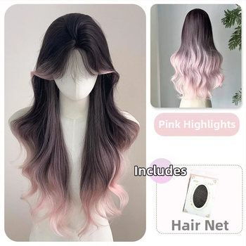 Perucă completă pentru femei, păr lung buclat cu nuanțe gradient, fibră sintetică rezistentă la temperatură, breton lung cu partajare centrală, model DM753-R2/203