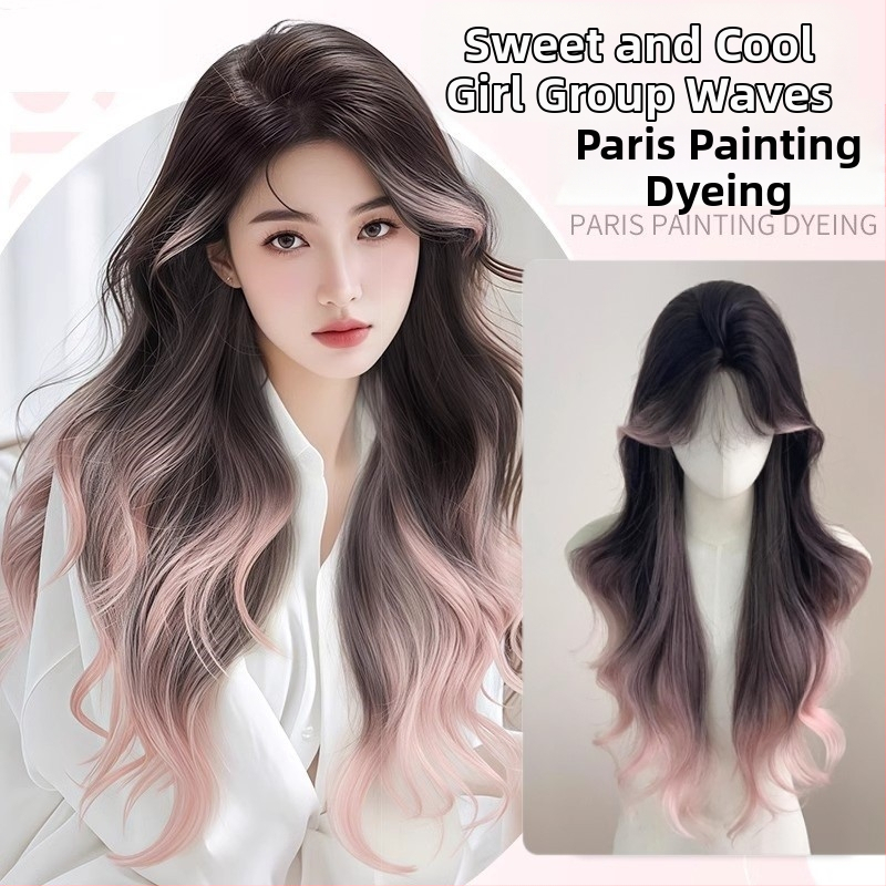 Perucă completă pentru femei, păr lung buclat cu nuanțe gradient, fibră sintetică rezistentă la temperatură, breton lung cu partajare centrală, model DM753-R2/203