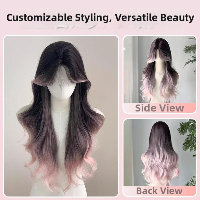 Perucă completă pentru femei, păr lung buclat cu nuanțe gradient, fibră sintetică rezistentă la temperatură, breton lung cu partajare centrală, model DM753-R2/203