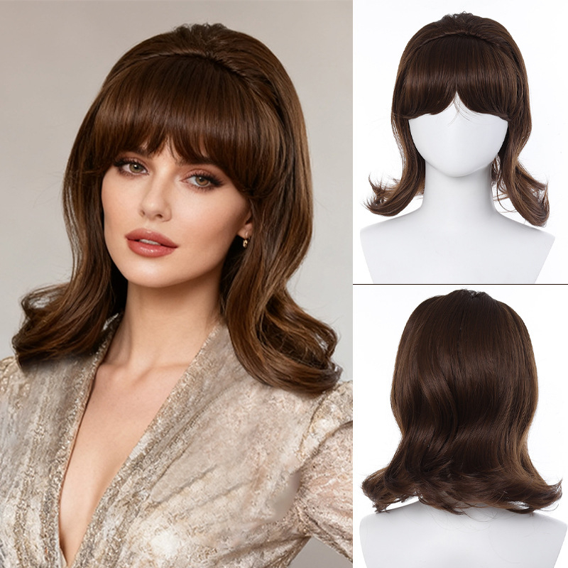 Perucă lungă, buclată, DM901, breton, coroană înaltă, fibre rezistente la temperatură, mecanism de fabricație