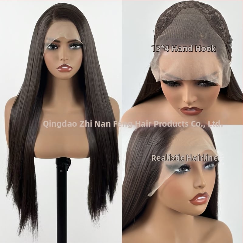 Perucă cu dantelă frontală, stil natural, fibre mate rezistente la temperatură, producție semi-automat- semi-artizanală, poate fi vopsită și poate fi permată.