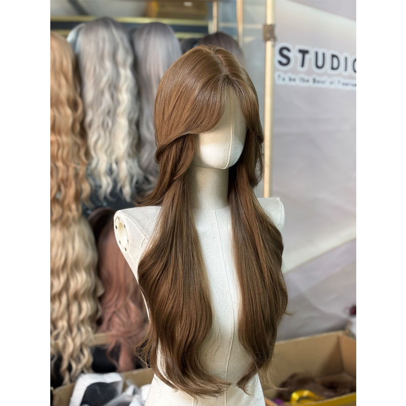 Perucă cu dantelă frontală, capac complet îmbunătățit, Eight-Character Bangs, Valuri mari, Mătase japoneză