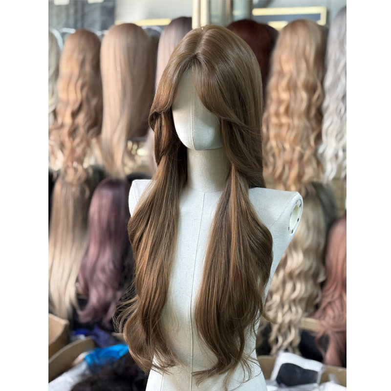 Perucă cu dantelă frontală, capac complet îmbunătățit, Eight-Character Bangs, Valuri mari, Mătase japoneză