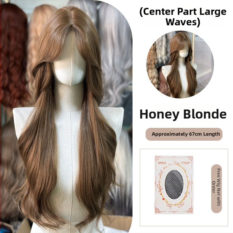 Perucă cu dantelă frontală, capac complet îmbunătățit, Eight-Character Bangs, Valuri mari, Mătase japoneză