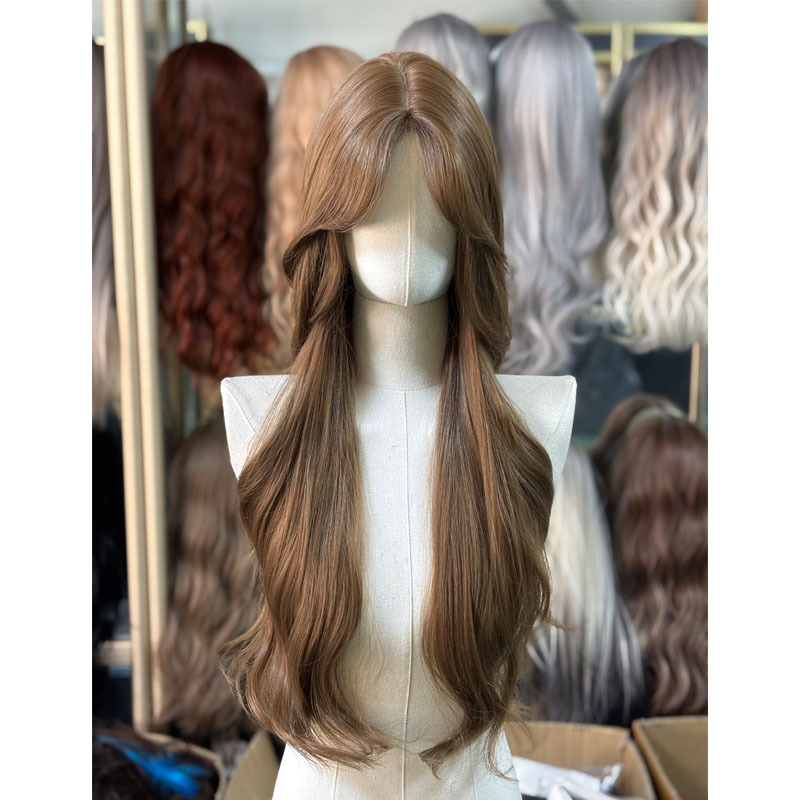 Perucă cu dantelă frontală, capac complet îmbunătățit, Eight-Character Bangs, Valuri mari, Mătase japoneză