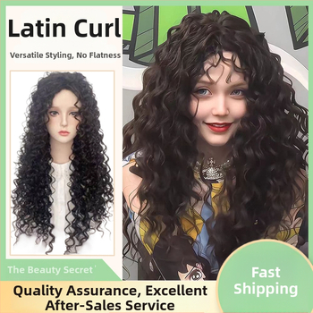 Perucă lungă bucle cu breton lateral | fibre sintetice rezistente la căldură, capac cu mecanism, stil natural, fără permament sau vopsire