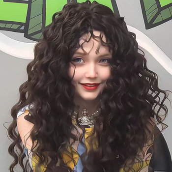 Perucă lungă bucle cu breton lateral | fibre sintetice rezistente la căldură, capac cu mecanism, stil natural, fără permament sau vopsire