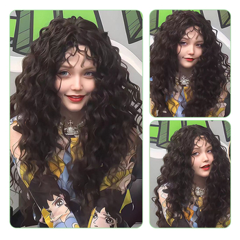 Perucă lungă bucle cu breton lateral | fibre sintetice rezistente la căldură, capac cu mecanism, stil natural, fără permament sau vopsire