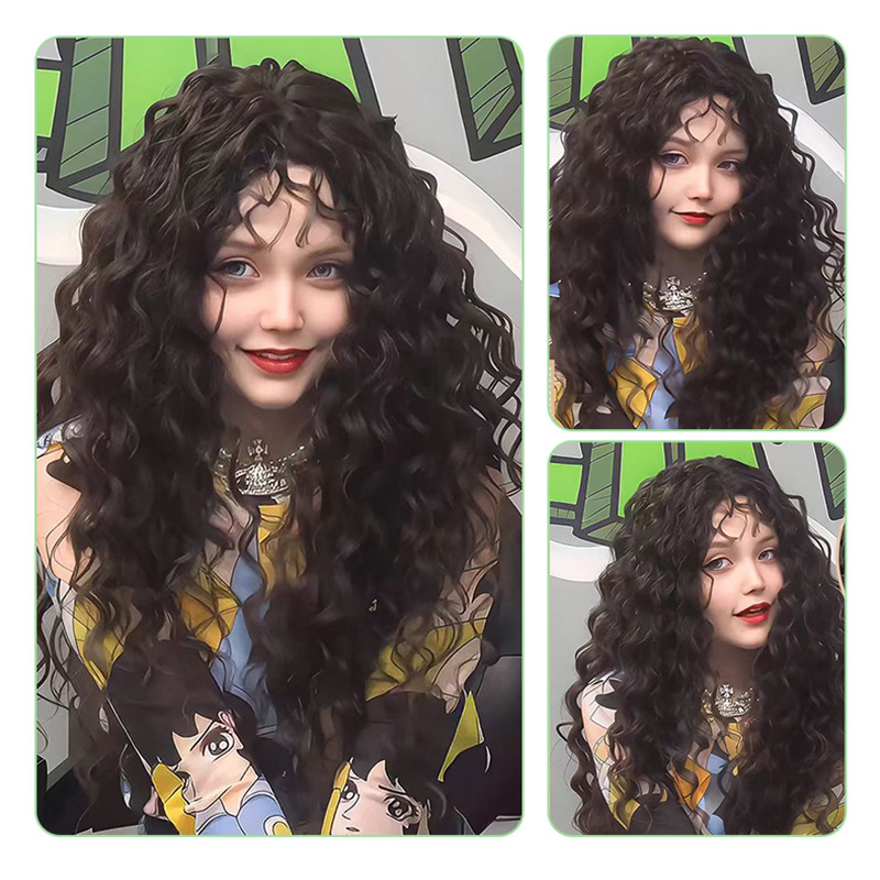 Perucă lungă bucle cu breton lateral | fibre sintetice rezistente la căldură, capac cu mecanism, stil natural, fără permament sau vopsire