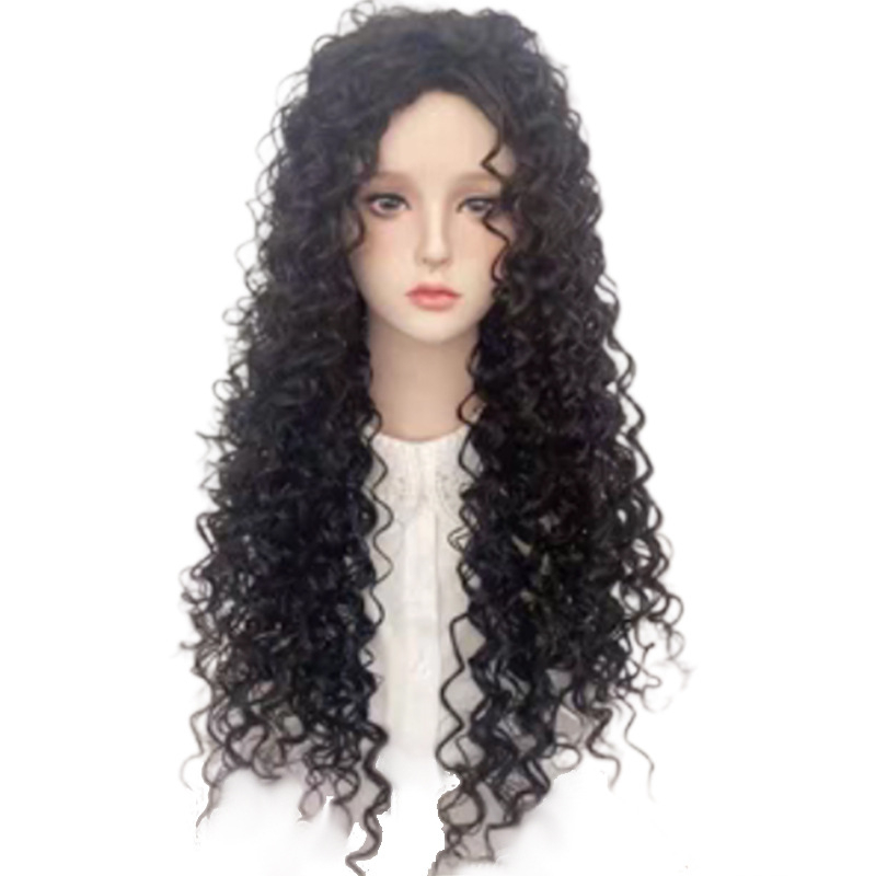 Perucă lungă bucle cu breton lateral | fibre sintetice rezistente la căldură, capac cu mecanism, stil natural, fără permament sau vopsire