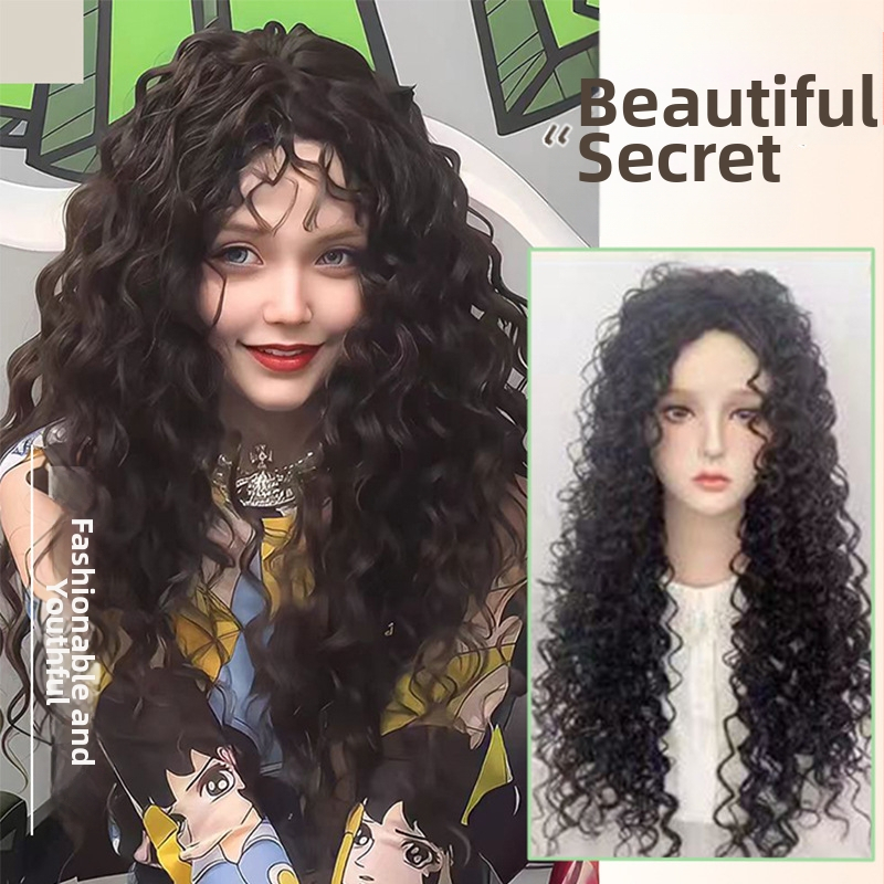 Perucă lungă bucle cu breton lateral | fibre sintetice rezistente la căldură, capac cu mecanism, stil natural, fără permament sau vopsire