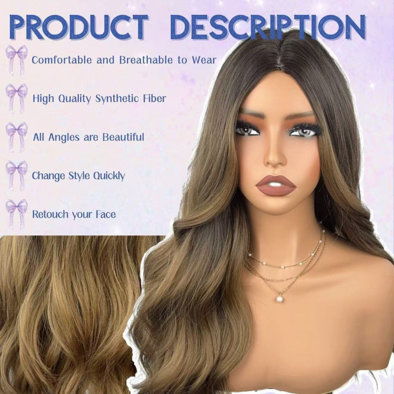 Perucă cu breton complet, păr lung buclat, finisaj mat, fibre rezistente la căldură, confecție semi-artizanală