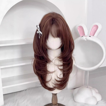 Perucă pentru femei în stil coreean cu păr lung buclat și breton (Dm896-33, fibre rezistente la temperatură, lungime medie-lungă, design coreean)