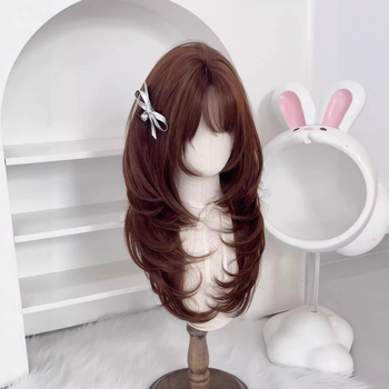 Perucă pentru femei în stil coreean cu păr lung buclat și breton (Dm896-33, fibre rezistente la temperatură, lungime medie-lungă, design coreean)