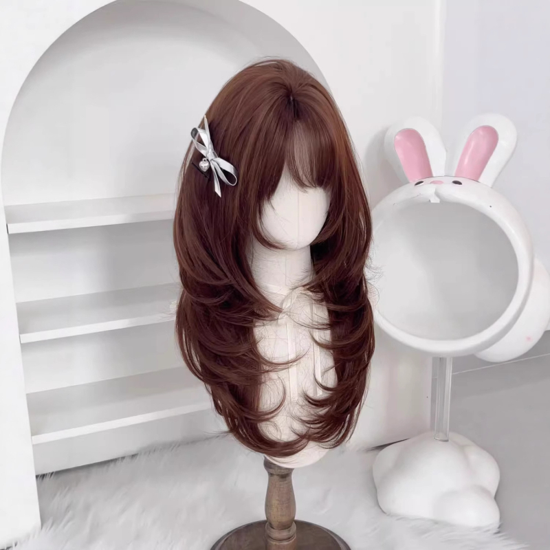 Perucă pentru femei în stil coreean cu păr lung buclat și breton (Dm896-33, fibre rezistente la temperatură, lungime medie-lungă, design coreean)