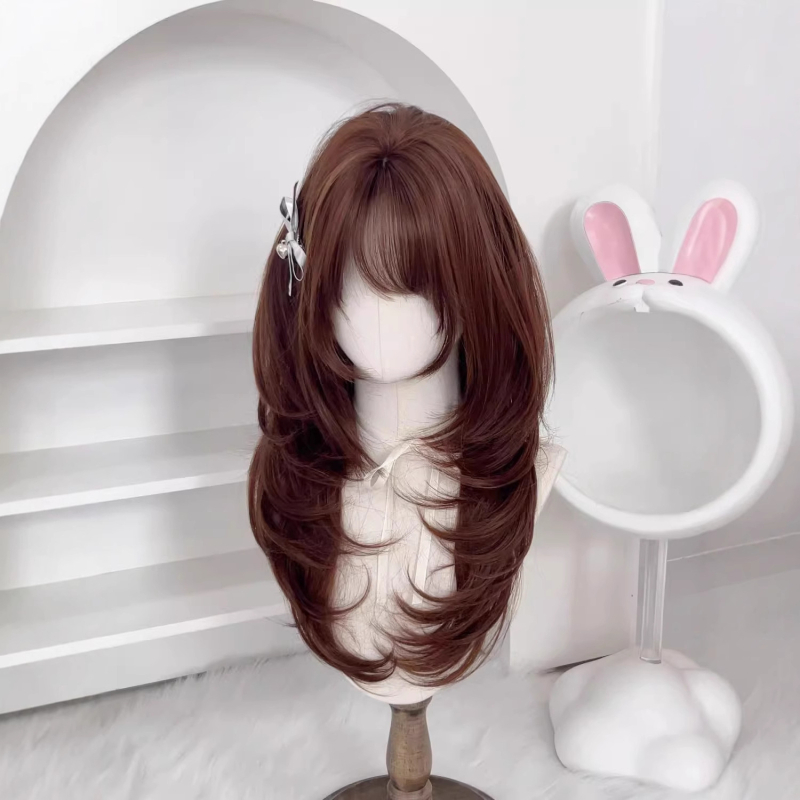 Perucă pentru femei în stil coreean cu păr lung buclat și breton (Dm896-33, fibre rezistente la temperatură, lungime medie-lungă, design coreean)