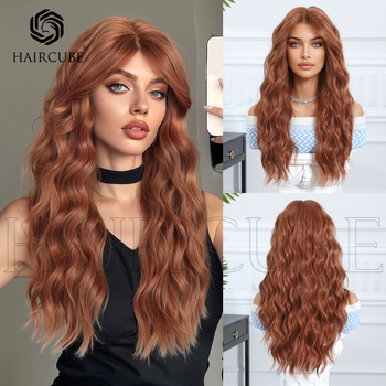 Perucă Haircube, păr lung buclat cu breton lung, model SWLC1272-2OR24, stil coreean/japonez, pentru cosplay și schimbare de coafură