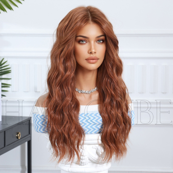 Perucă Haircube, păr lung buclat cu breton lung, model SWLC1272-2OR24, stil coreean/japonez, pentru cosplay și schimbare de coafură