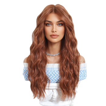 Perucă Haircube, păr lung buclat cu breton lung, model SWLC1272-2OR24, stil coreean/japonez, pentru cosplay și schimbare de coafură
