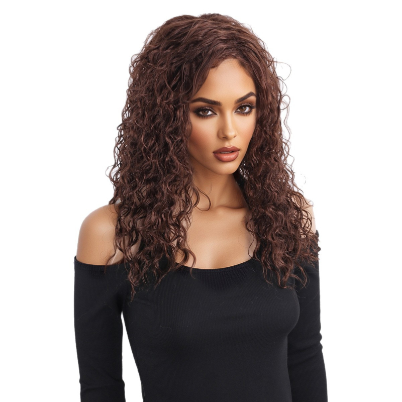 Perucă lungă buclată, cu despărțire medie, fibră sintetică rezistentă la temperaturi înalte, poate fi vopsită și periată, breton drept sau înclinat