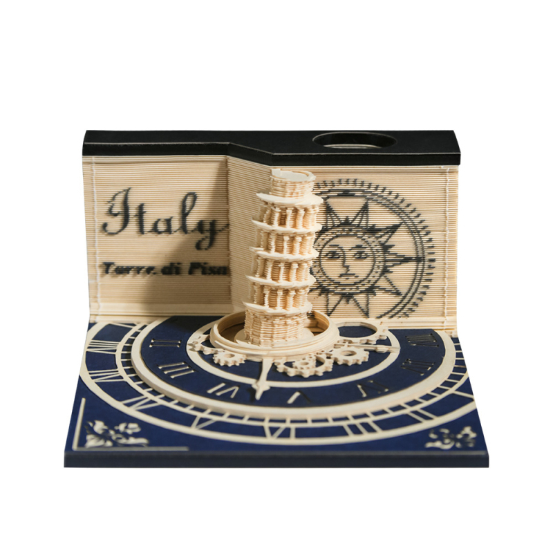 Calendar 3D din hârtie cu Turnul Pisa și blocnotes – piesă decorativă de birou; material: hârtie specială; tehnică: tăiere 3D din hârtie; ambalaj: cutie transparentă din acril