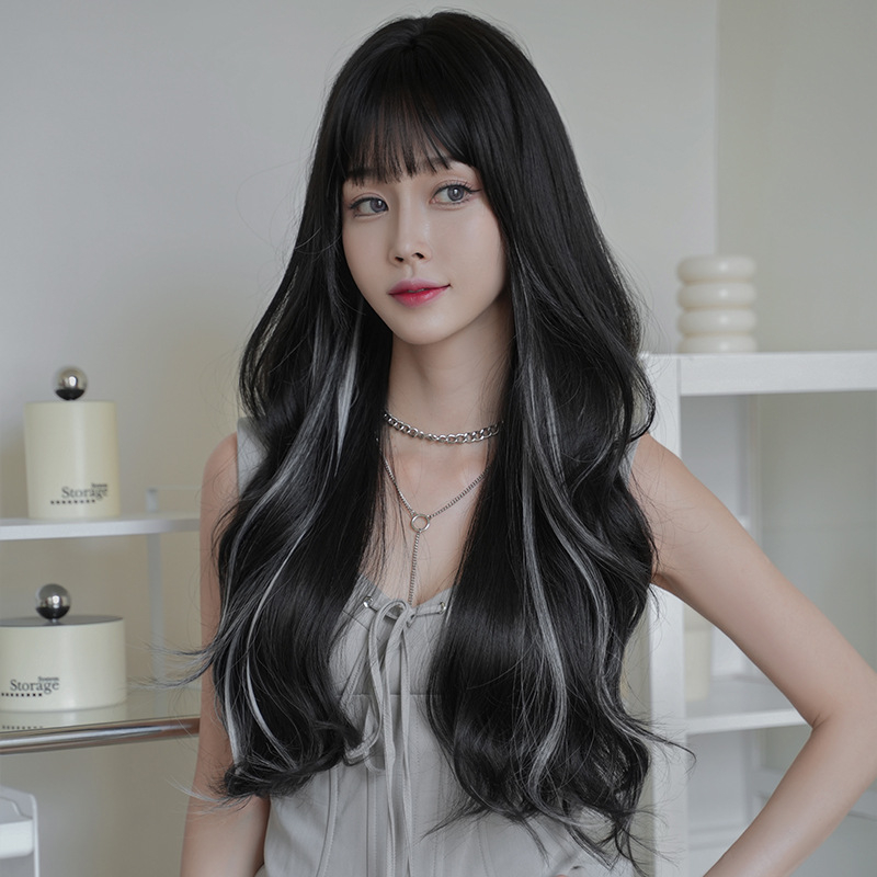 Perucă lungă buclată, stil coreean (fibră sintetică rezistentă la temperatură; model C-0435; breton: aliniat sau înclinat)