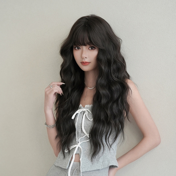 Perucă cu păr lung, bucle, breton, fibră sintetică rezistentă la temperaturi, construcție pe bază de mecanism, perucă pentru întregul cap, stil coreean