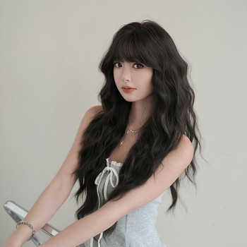 Perucă cu păr lung, bucle, breton, fibră sintetică rezistentă la temperaturi, construcție pe bază de mecanism, perucă pentru întregul cap, stil coreean
