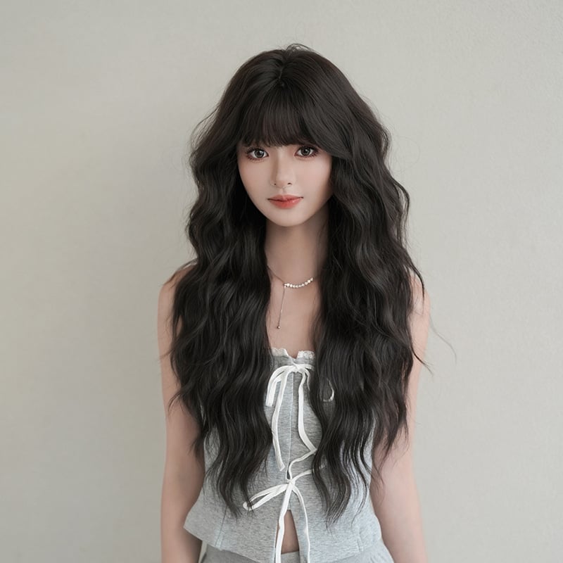 Perucă cu păr lung, bucle, breton, fibră sintetică rezistentă la temperaturi, construcție pe bază de mecanism, perucă pentru întregul cap, stil coreean